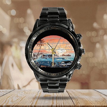 Discover A muscle car cruisingon a coastal road. Calendar Steel Band Watch