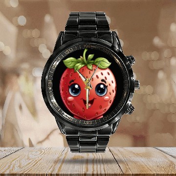 Discover A cute kawaii style strawberry with a smiling face Calendar Steel Band Watch