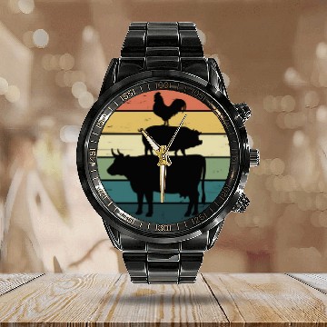 Discover Retro Rainbow Stacked Farm Animals Cow Pig Rooster Calendar Steel Band Watch