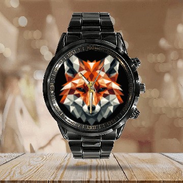 Discover Fox head orange polygon style Calendar Steel Band Watch