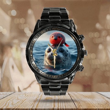 Discover Seal and pufferfish friends from the ocean Calendar Steel Band Watch