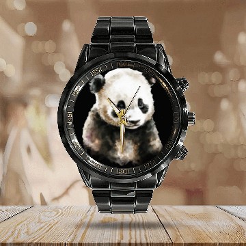 Discover Cute Panda Bear Watercolor Painting Portrait Calendar Steel Band Watch