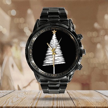 Discover White Christmas Tree Brushstroke with Golden Star Calendar Steel Band Watch