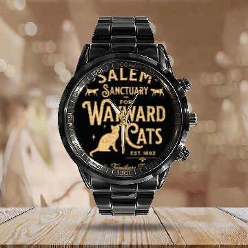 Discover Salem Sanctuary for Wayward Cats Black Calendar Steel Band Watch
