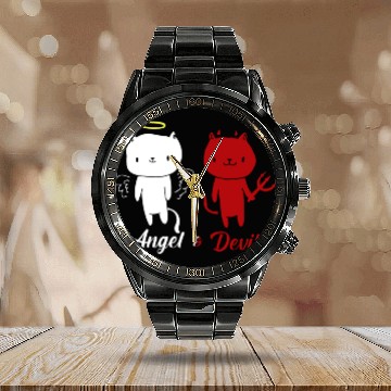 Discover Angel And Devil Cat Calendar Steel Band Watch