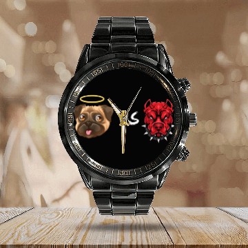 Discover Angel Pug Dog Vs Devil Pitbull Dog Calendar Steel Band Watch
