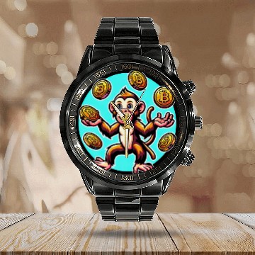 Discover Bitcoin Juggling Monkey - Digital Art Calendar Steel Band Watch