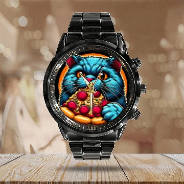 Discover Cute Cat eating Pizza Calendar Steel Band Watch