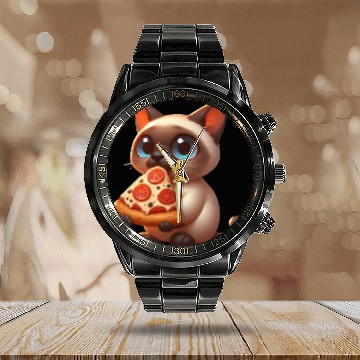 Discover Siamese cat enjoying pizza Calendar Steel Band Watch