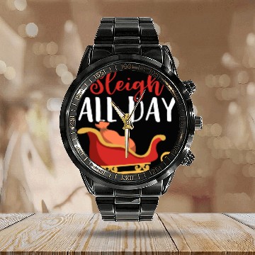 Discover Sleigh all Day Funny Holiday Ugly Christmas Themed Calendar Steel Band Watch
