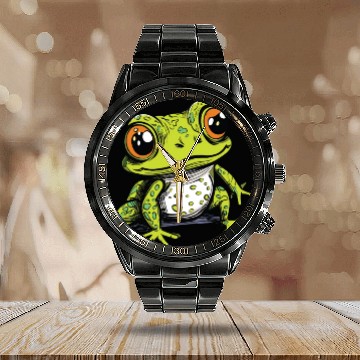 Discover Cute Green Frog Calendar Steel Band Watch