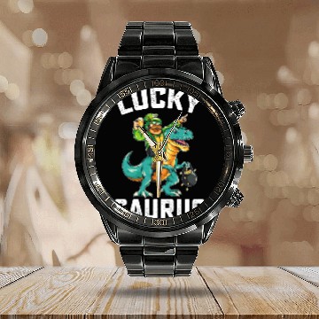 Discover Lucky Saurus Dinosaur T Rex St Patrick's Day Calendar Steel Band Watch