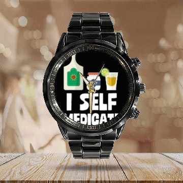 Discover I Self Medicate Tequila Bottle Lime Salt Shot Pun Calendar Steel Band Watch