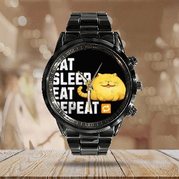 Discover EAT SLEEP EAT REPEAT Fat Yellow Cat Lover Funny Calendar Steel Band Watch