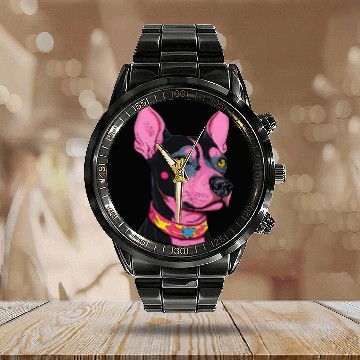 Discover black and pink dog with yellow eyes Punk Rock Calendar Steel Band Watch