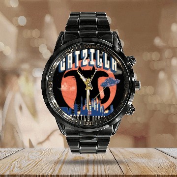 Discover Catzilla king of cats,movie parody Calendar Steel Band Watch