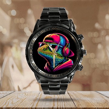 Discover Cool gecko lizard with dj headphones Calendar Steel Band Watch