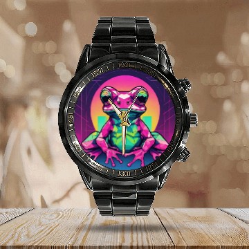 Discover Geometric Synthwave Frog Calendar Steel Band Watch