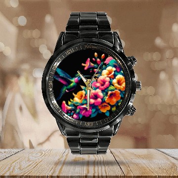 Discover Hummingbird and Hibiscus Blossom Art Calendar Steel Band Watch