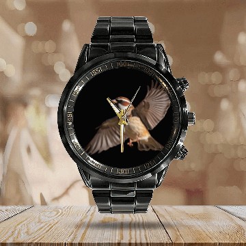 Discover A close-up photo of a cute sparrow bird. Calendar Steel Band Watch
