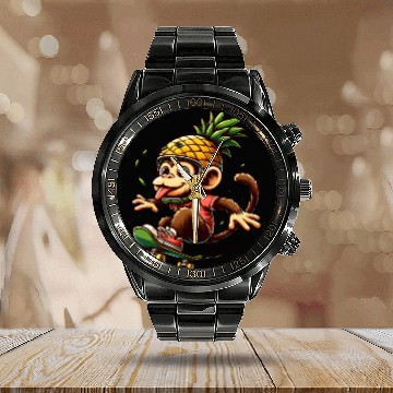 Discover skateboarding monkey with pineapple helmet Calendar Steel Band Watch