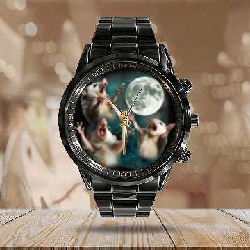 Discover Three Possum Moon 3 Opossum Funny Weird Cursed Mem Calendar Steel Band Watch