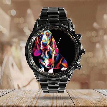 Discover Watercolor Colorful Basset Hound Calendar Steel Band Watch
