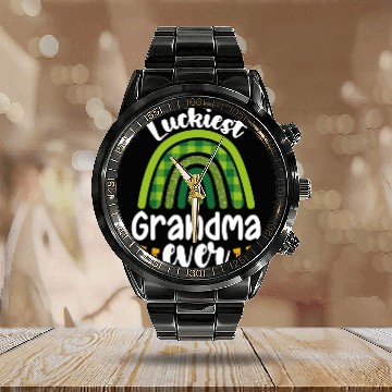Discover Luckiest Grandma Ever Family St Patrick's Day Calendar Steel Band Watch