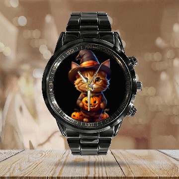 Discover Orange Cat in Witch Costume Calendar Steel Band Watch