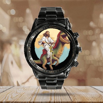 Discover Jesus Riding a Dinosaur Meme Dino Lover Calendar Steel Band Watch