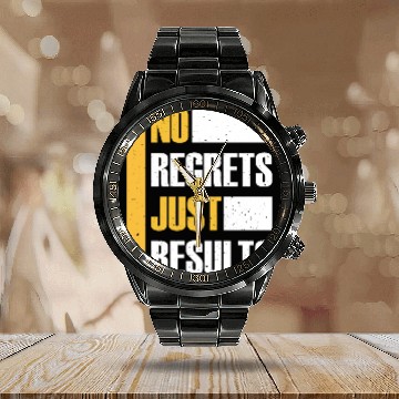 Discover No Regrets Just Results distress grunge typography Calendar Steel Band Watch