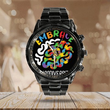 Discover Embrace Neurodiversity Autism Brain Calendar Steel Band Watch