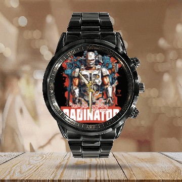 Discover DADINATOR. Can fix anything. Gift for him or dad Calendar Steel Band Watch