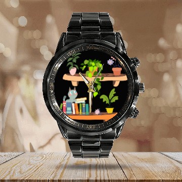 Discover Plants Cats And Books Bookish Cat Aesthetic- Funny Calendar Steel Band Watch