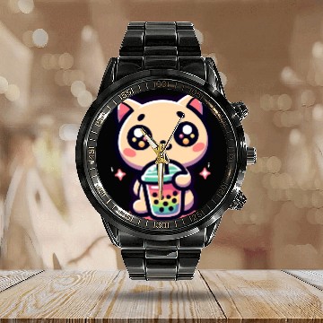 Discover Cat Bubble Tea Boba Kawaii Calendar Steel Band Watch