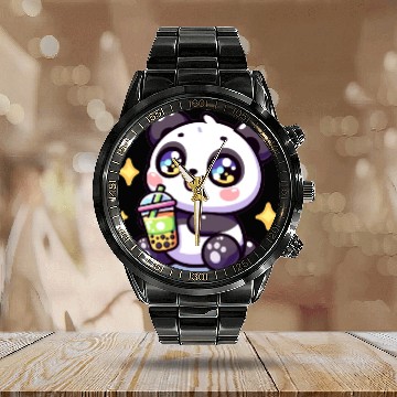 Discover Panda Bubble Tea Boba Kawaii Calendar Steel Band Watch