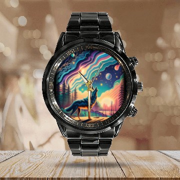 Discover Majestic Wolf Howling At The Eclipse Calendar Steel Band Watch