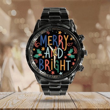 Discover Merry and Bright Colorful Pastel Christmas Design Calendar Steel Band Watch