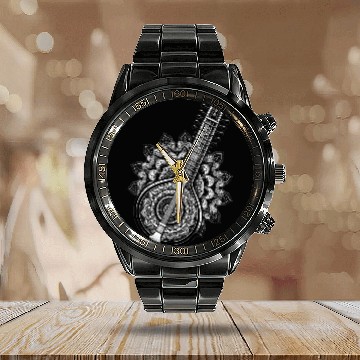 Discover Sitar with complex Indian mandala pattern Calendar Steel Band Watch
