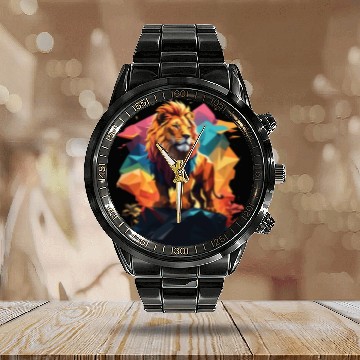 Discover Fantasy Majestic Colourful Lion Polygon Art Design Calendar Steel Band Watch