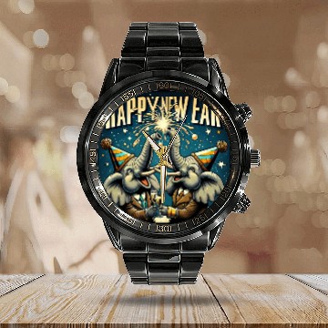 Discover New Year's Eve Elephant Cheers with Champagne Calendar Steel Band Watch