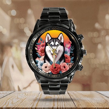 Discover Husky dog with floral backdrop Calendar Steel Band Watch