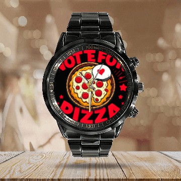 Discover Vote for Pizza Calendar Steel Band Watch