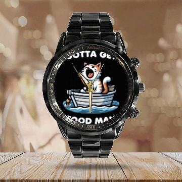 Discover Cat Yawning While Fishing Calendar Steel Band Watch