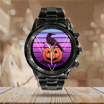 Discover Raven Crow On Pumpkin Vaporwave Halloween Pagan Ae Calendar Steel Band Watch