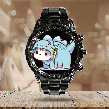 Discover Cat in Stegosaurus Costume Calendar Steel Band Watch