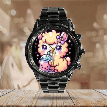 Discover Kawaii Llama Sips Bubble Tea Cute Llama Boba Tea Calendar Steel Band Watch