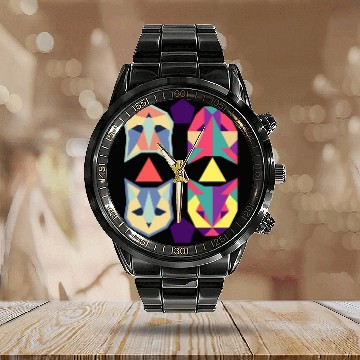 Discover Geometric Cats Bat Retro abstract Calendar Steel Band Watch