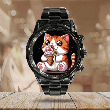 Discover Chubby cat enjoys ice cream balls Calendar Steel Band Watch