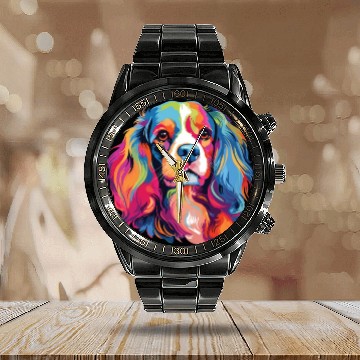 Discover Watercolor Colorful Cavalier King Charles Spaniel Calendar Steel Band Watch